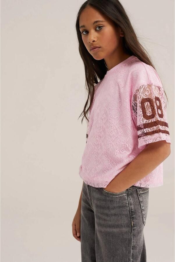 WE Fashion oversized gestreepte semi-transparante T-shirt met tekstprint roze - Foto 2