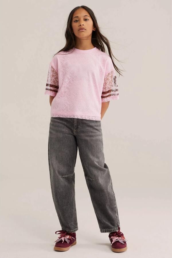 WE Fashion oversized gestreepte semi-transparante T-shirt met tekstprint roze - Foto 3