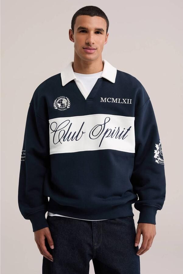 WE Fashion oversized gestreepte sweater met broderie donkerblauw