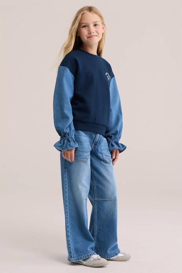 WE Fashion oversized sweater met ruches blauw Meisjes Katoen Ronde hals - Foto 3