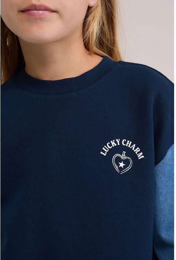 WE Fashion oversized sweater met ruches blauw Meisjes Katoen Ronde hals - Foto 2