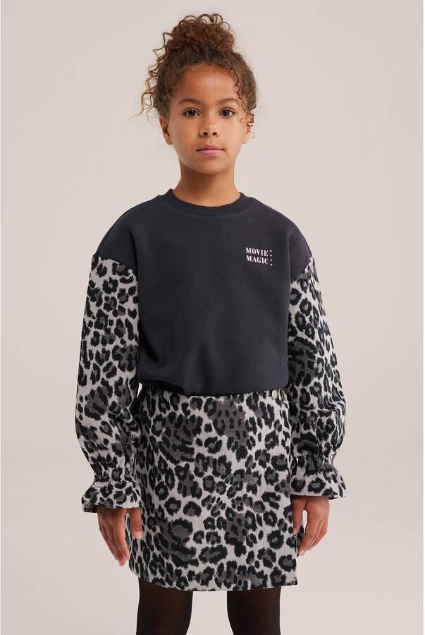 WE Fashion oversized sweater met ruches en panterprint antraciet Grijs Meisjes Katoen Ronde hals