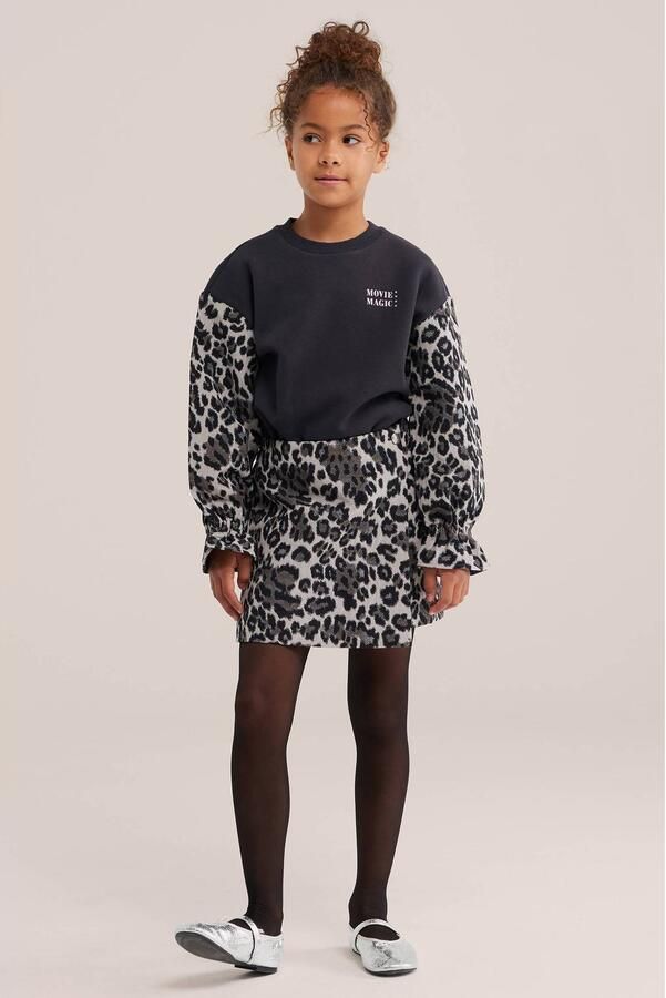 WE Fashion oversized sweater met ruches en panterprint antraciet Grijs Meisjes Katoen Ronde hals - Foto 2