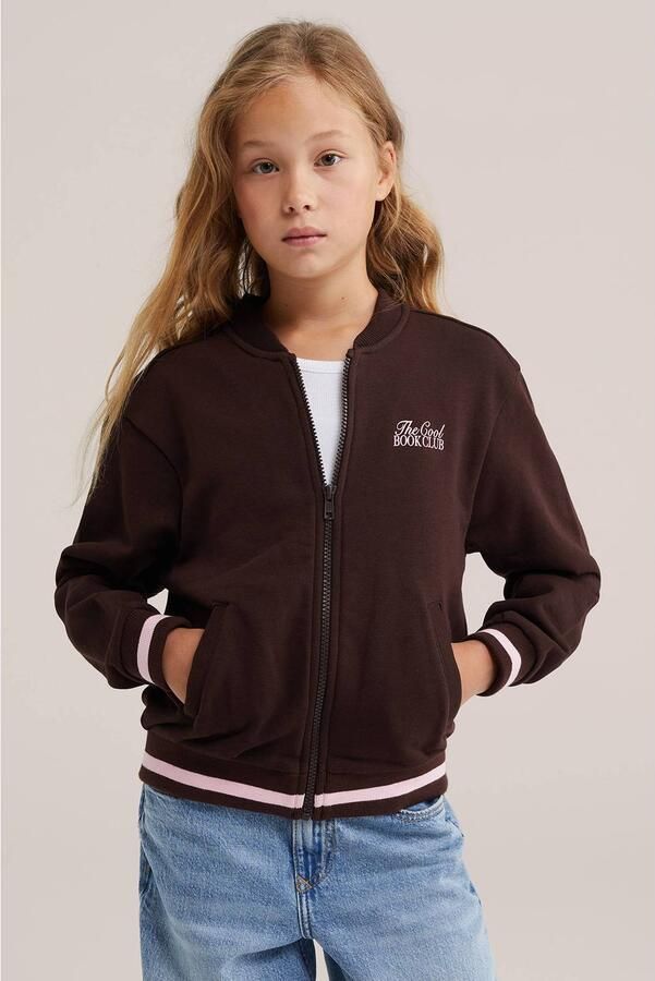WE Fashion oversized sweatvest bruin roze Meisjes Katoen Ronde hals Backprint