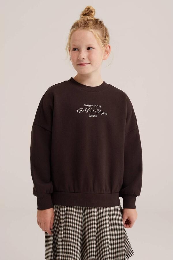 WE Fashion pied-de-poule midi sweatjurk donkerbruin beige Meisjes Katoen Ronde hals