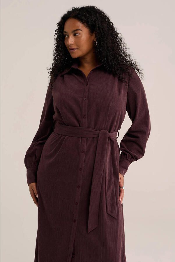 WE Fashion Plus Size corduroy midi blousejurk met ceintuur donkerrood