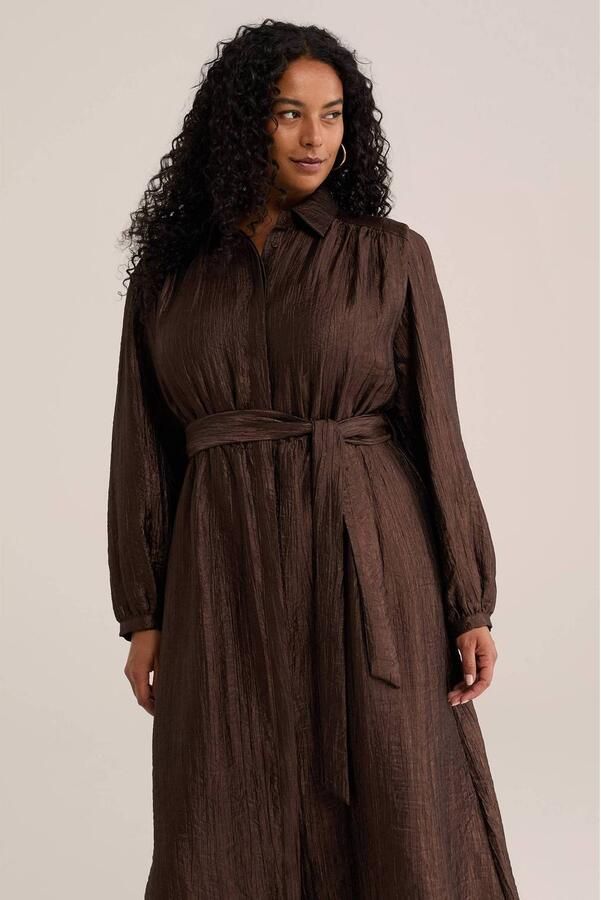 WE Fashion Curve Plus Size midi jurk met ceintuur donkerbruin