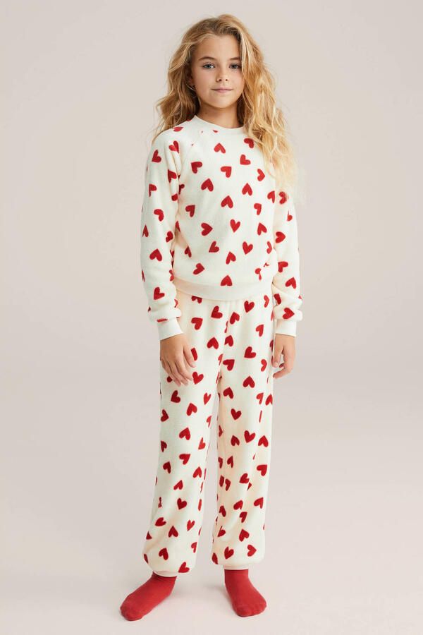 WE Fashion pyjama met hartjes print ecru rood