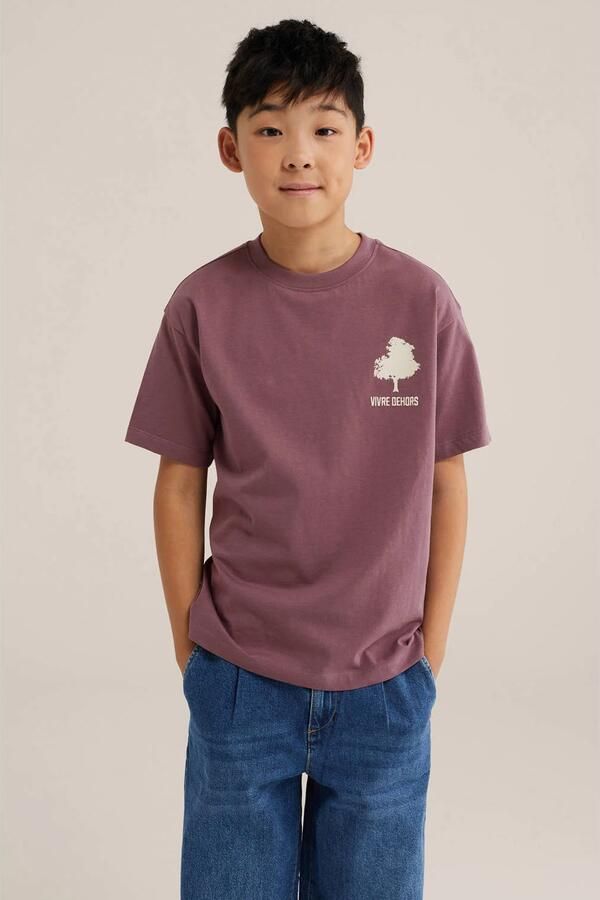 WE Fashion rechtvallend T-shirt met backprint donkerpaars