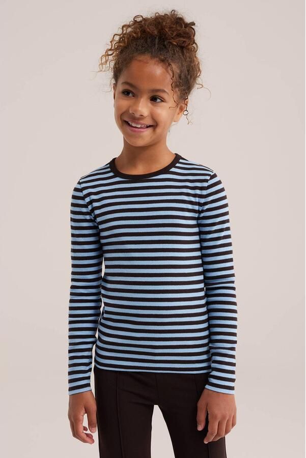 WE Fashion rechtvallende gestreepte longsleeve blauw bruin Meisjes Stretchkatoen Ronde hals