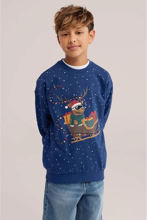 WE Fashion rechtvallende sweater met sterren blauw Printopdruk