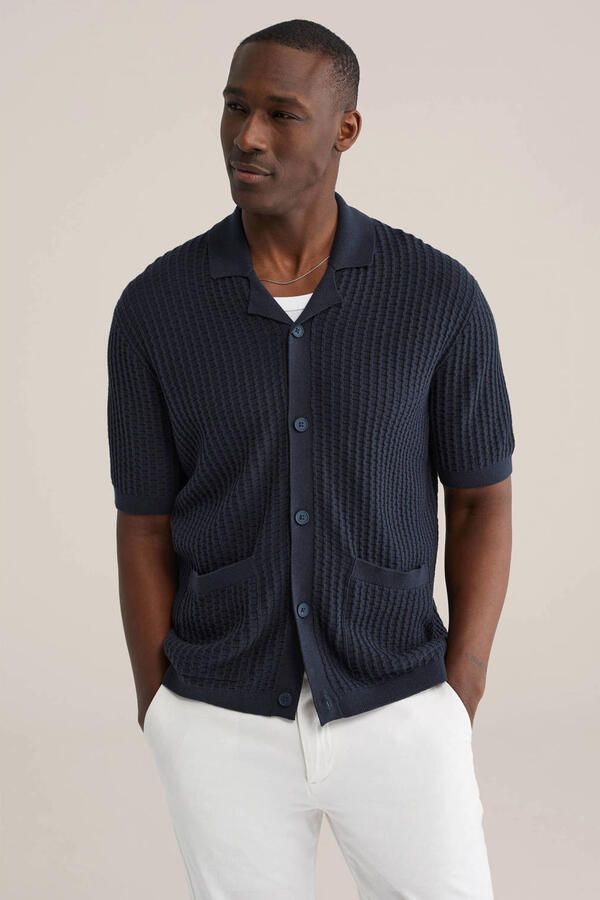 WE Fashion regular casual overhemd met ingebreid patroon donkerblauw