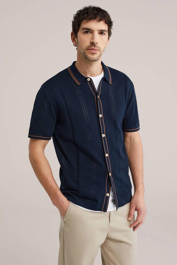 WE Fashion regular casual overhemd met ingebreid patroon donkerblauw