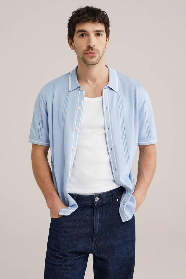 WE Fashion regular casual overhemd met ingebreid patroon lichtblauw