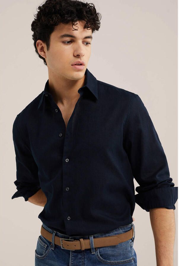 WE Fashion regular casual overhemd met linnen donkerblauw