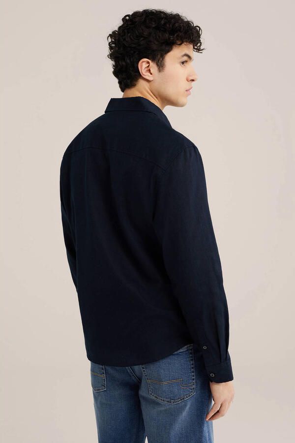WE Fashion regular casual overhemd met linnen donkerblauw - Foto 2