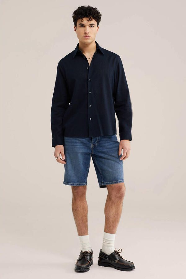 WE Fashion regular casual overhemd met linnen donkerblauw - Foto 3