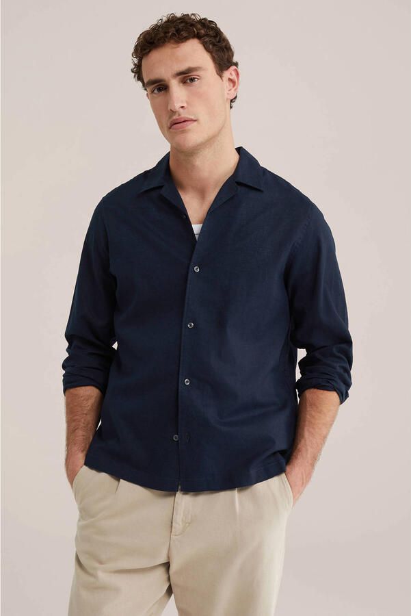 WE Fashion regular casual overhemd met linnen donkerblauw