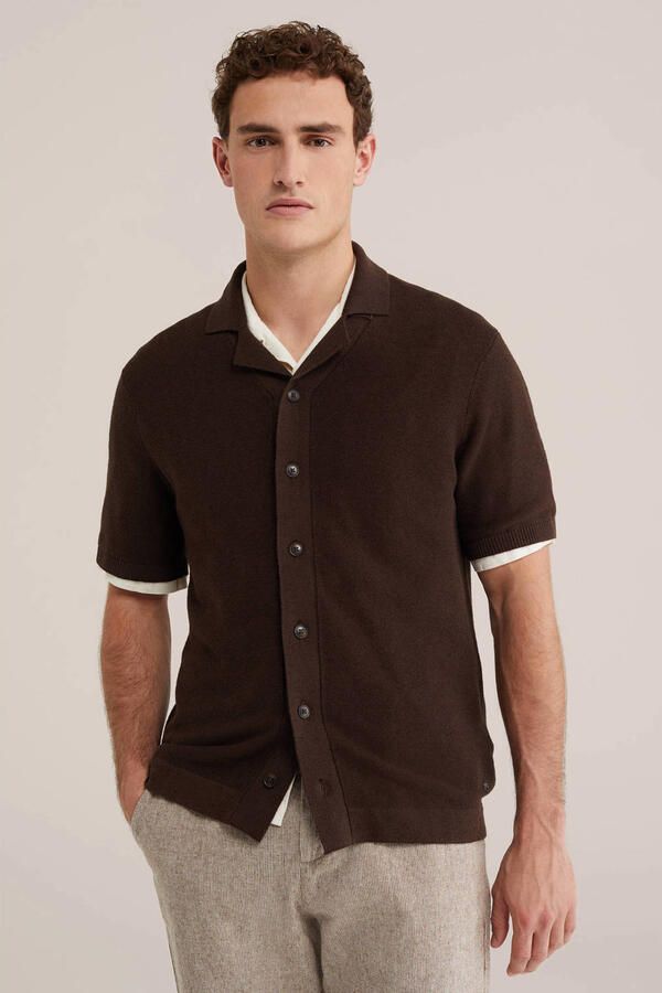 WE Fashion regular casual overhemd met linnen donkerbruin