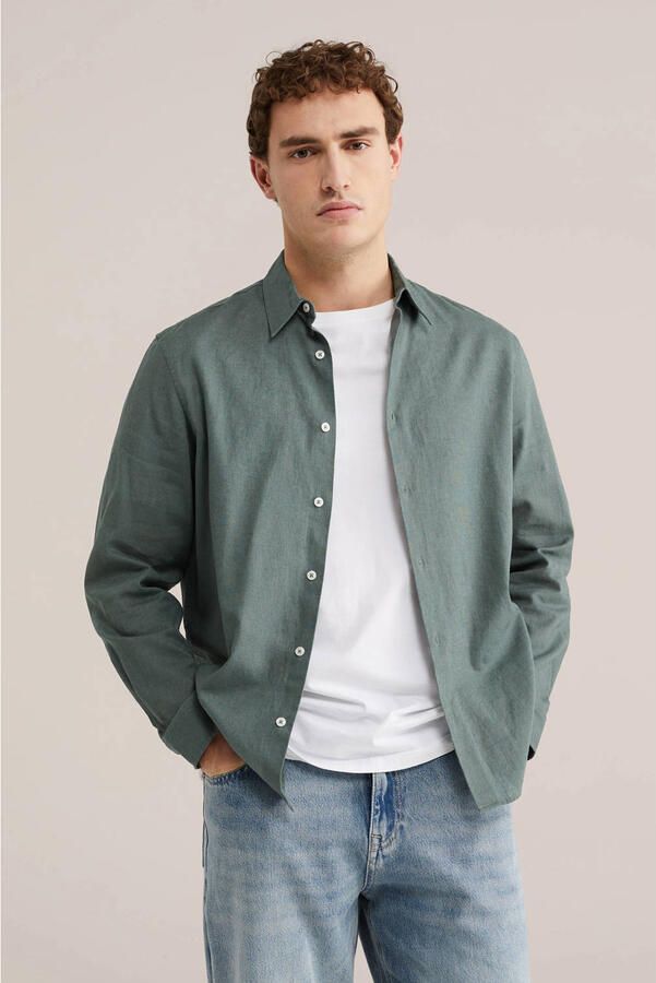 WE Fashion regular casual overhemd met linnen groen