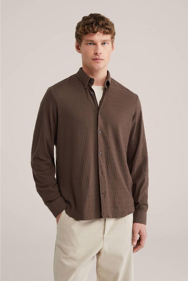 WE Fashion regular casual overhemd met textuur donkerbruin