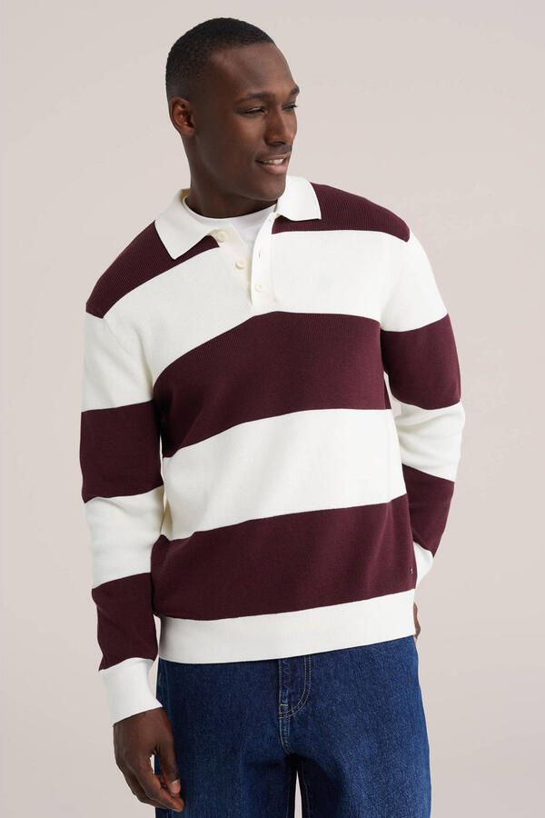 WE Fashion regular fit gebreide gestreepte trui donkerrood