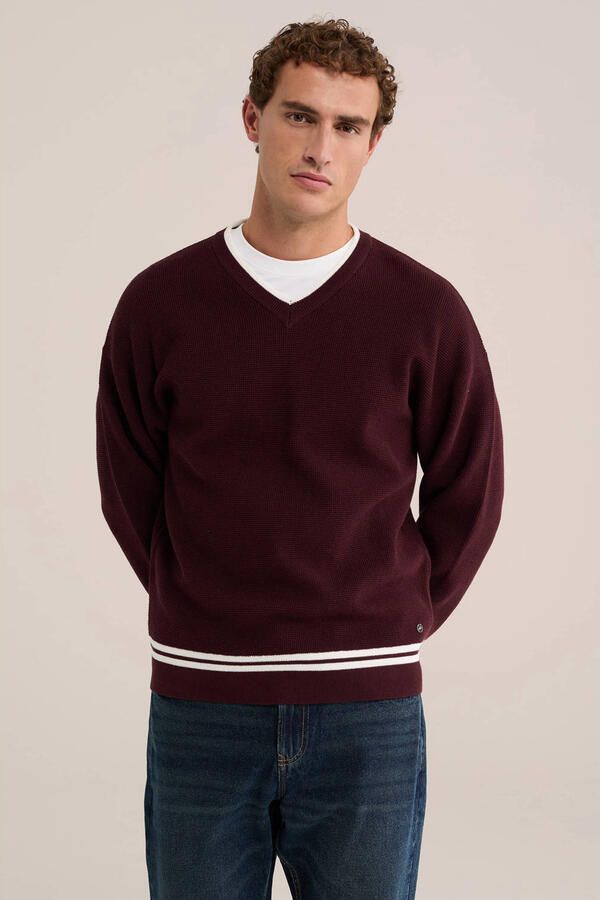 WE Fashion regular fit gebreide gestreepte trui donkerrood