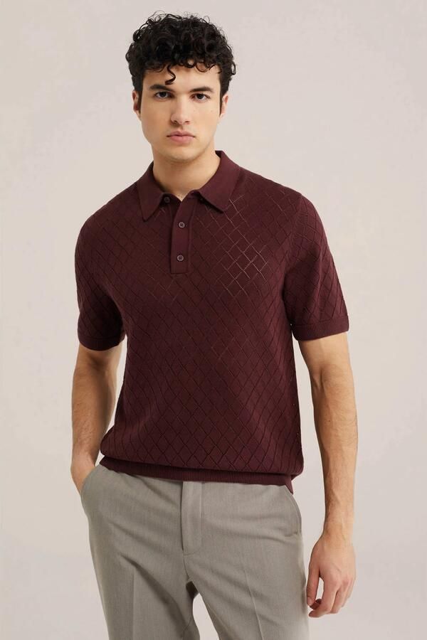 WE Fashion regular fit geruite gebreide polo donkerrood
