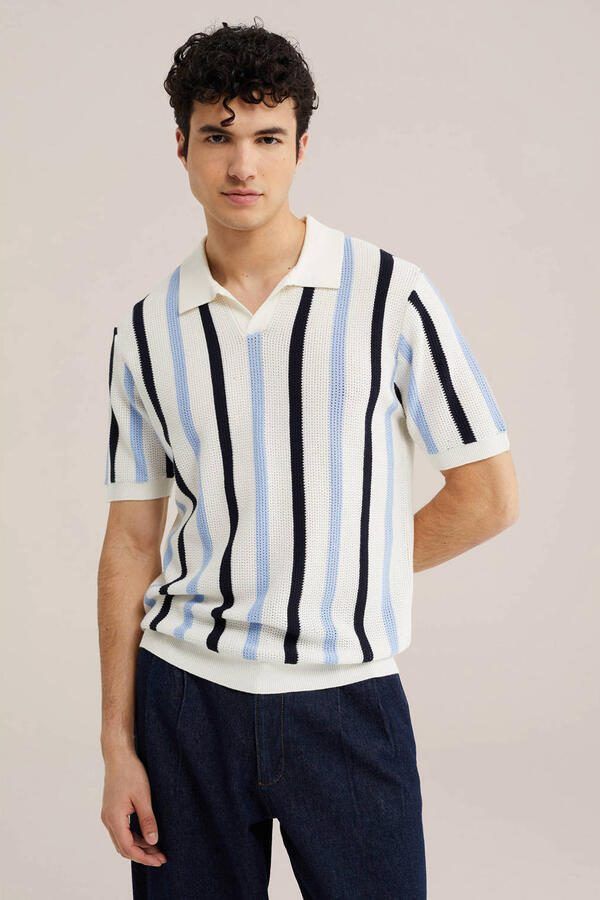 WE Fashion regular fit gestreepte polo ecru