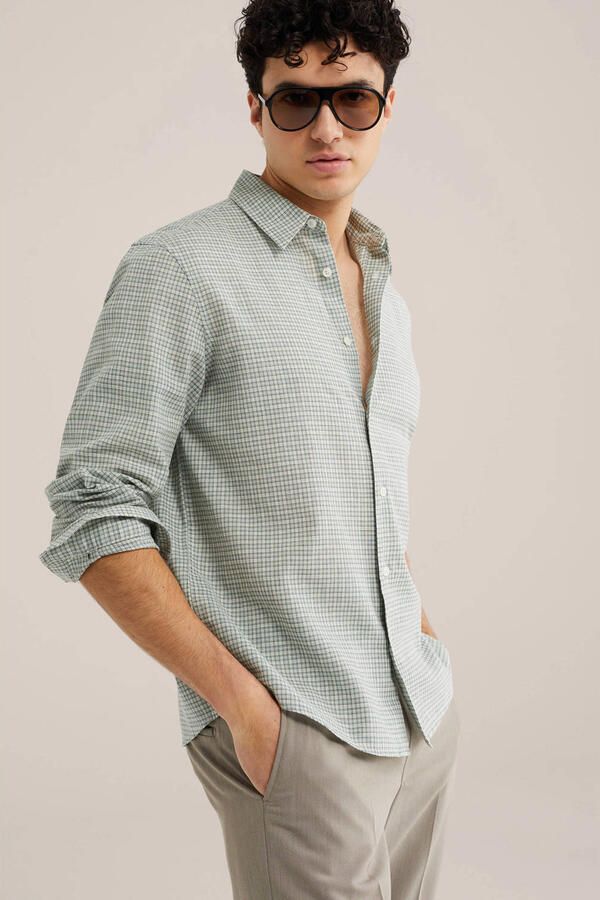WE Fashion regular geruit casual overhemd met linnen mintgroen - Foto 3