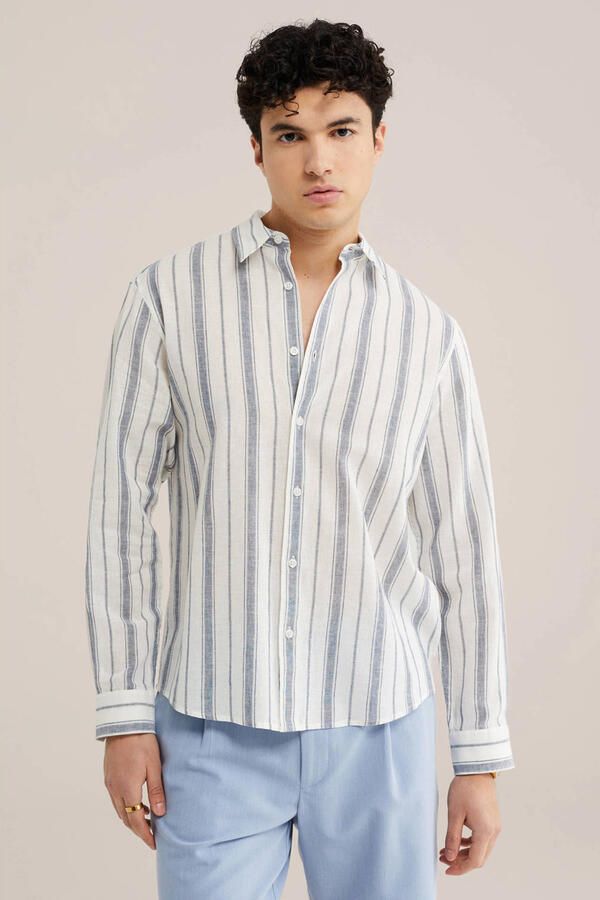 WE Fashion regular gestreepte casual overhemd met linnen blauw