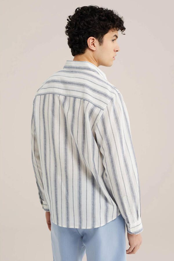 WE Fashion regular gestreepte casual overhemd met linnen blauw - Foto 3