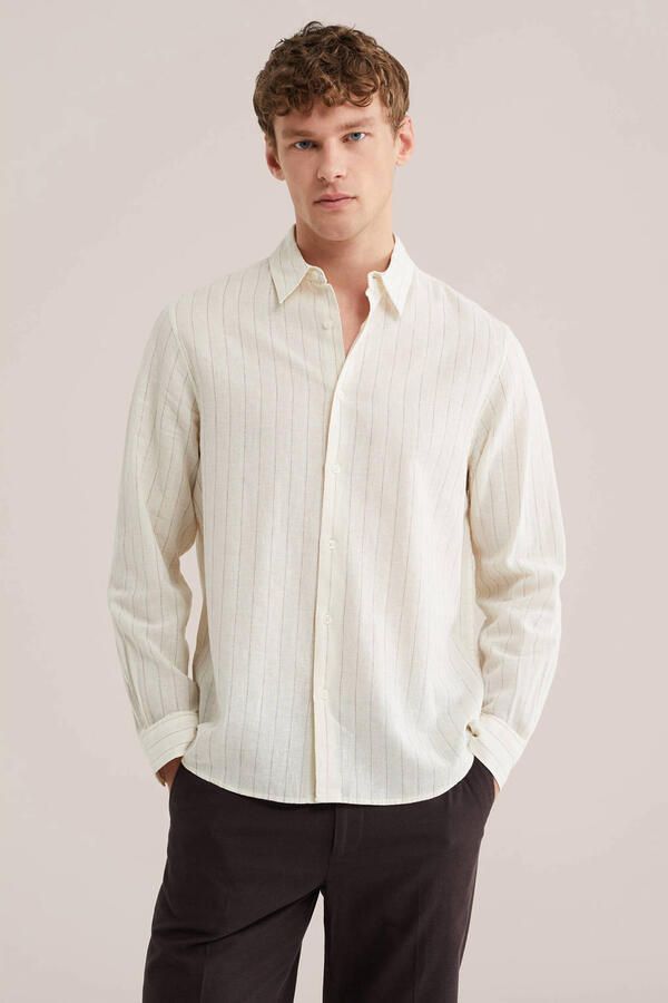 WE Fashion regular gestreepte casual overhemd met linnen ecru