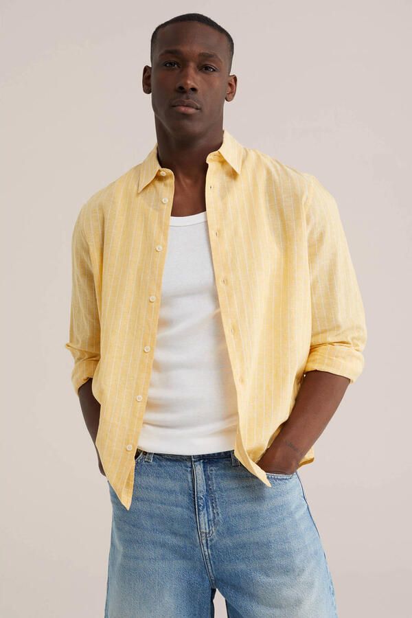 WE Fashion regular gestreepte casual overhemd met linnen geel