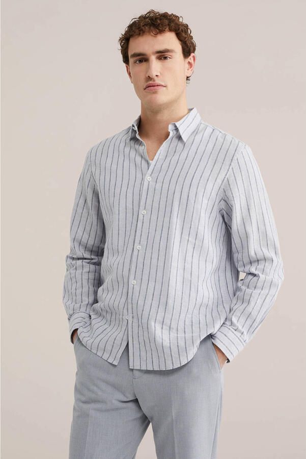 WE Fashion regular gestreepte casual overhemd met linnen lichtblauw