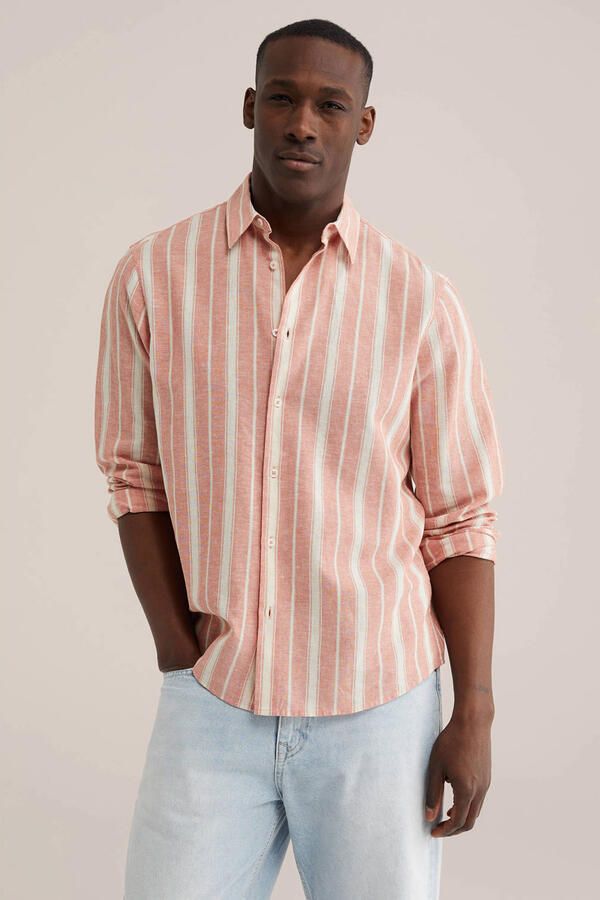 WE Fashion regular gestreepte casual overhemd met linnen roze
