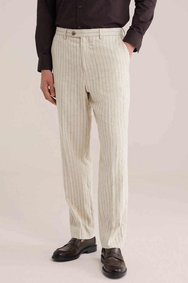 WE Fashion regular gestreepte pantalon met linnen beige
