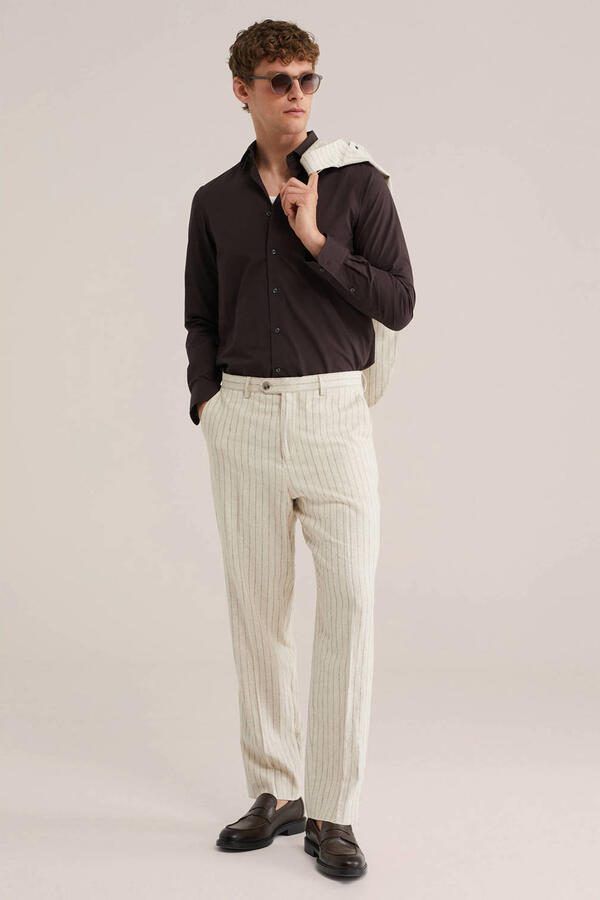 WE Fashion regular gestreepte pantalon met linnen beige - Foto 2