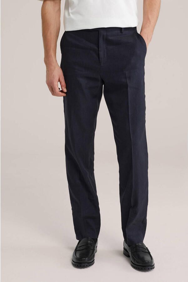 WE Fashion regular pantalon met linnen donkerblauw