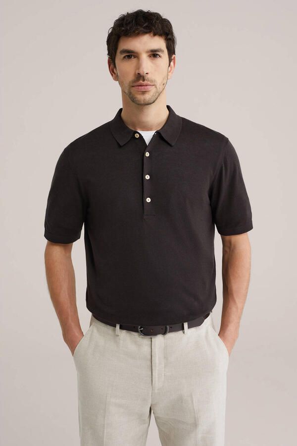 WE Fashion regular polo fijn gebreid donkerbruin