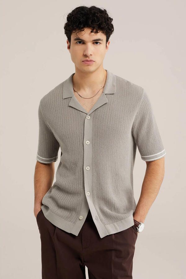 WE Fashion regular polo gebreid grijs