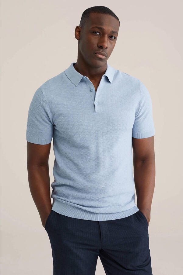 WE Fashion regular polo met ingebreid patroon blauw