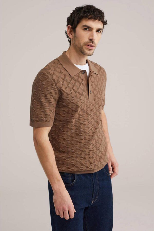 WE Fashion regular polo met ingebreid patroon bruin - Foto 3