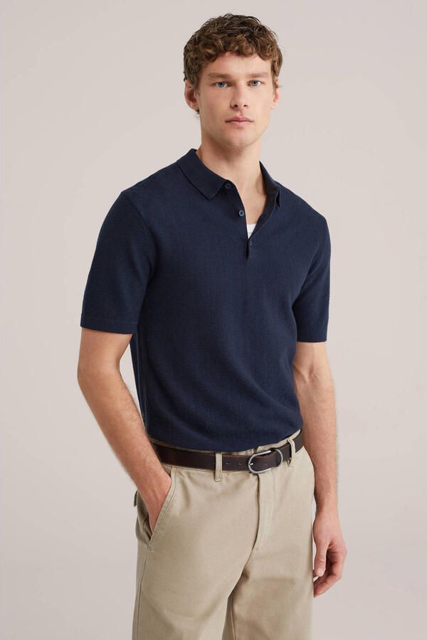WE Fashion regular polo met ingebreid patroon donkerblauw