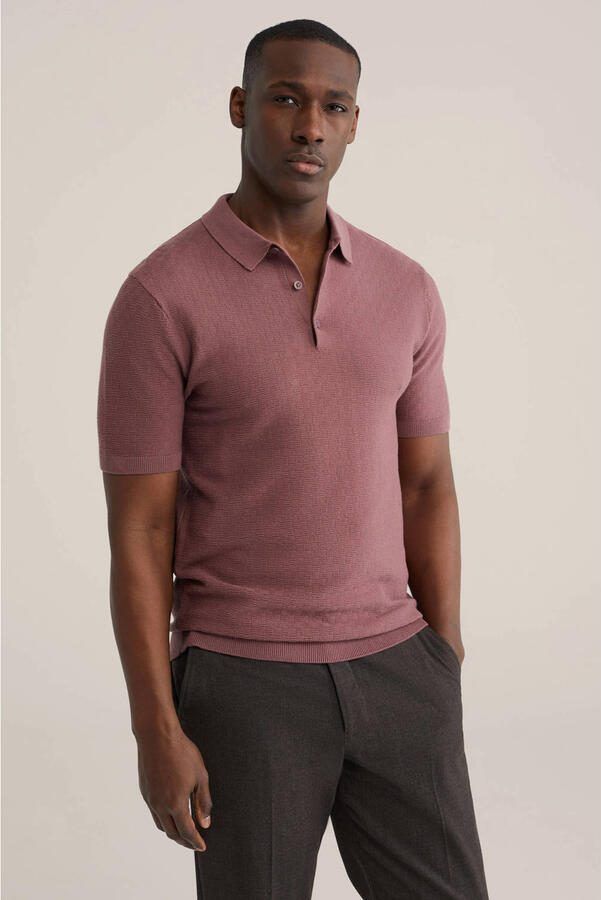 WE Fashion regular polo met ingebreid patroon donkerrood