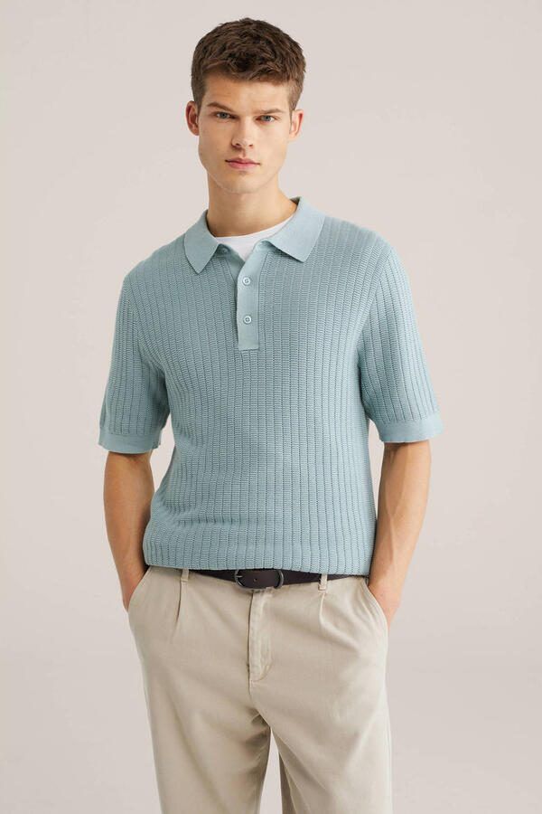 WE Fashion regular polo met ingebreid patroon grijsgroen