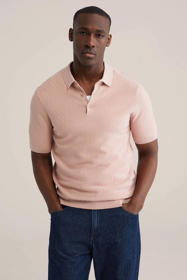 WE Fashion regular polo met ingebreid patroon roze