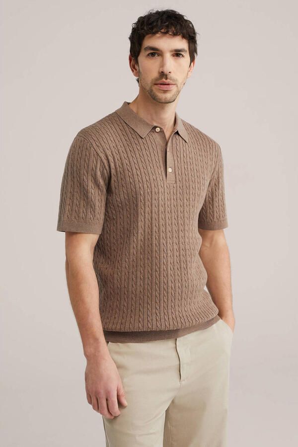 WE Fashion regular polo met kabels bruin