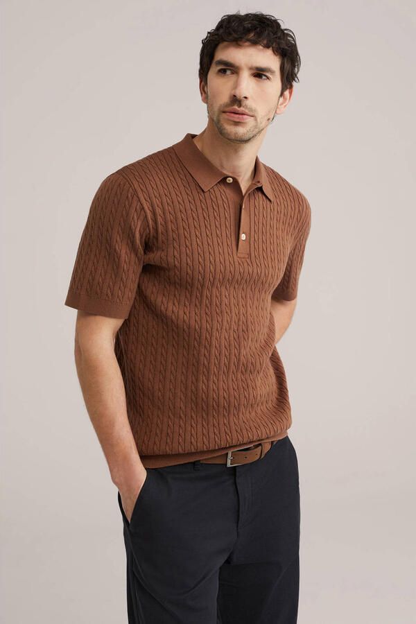WE Fashion regular polo met kabels cognac