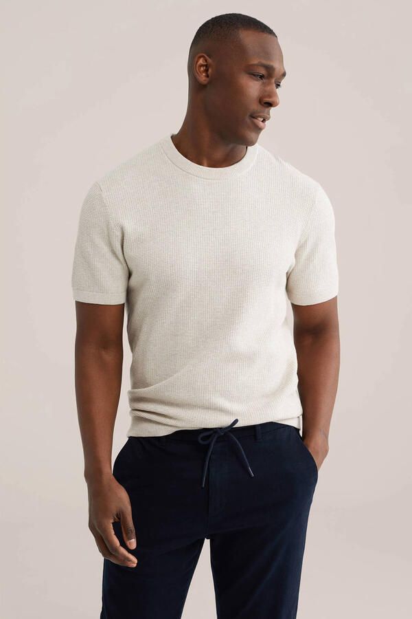 WE Fashion regular T-shirt met ingebreid patroon grijs